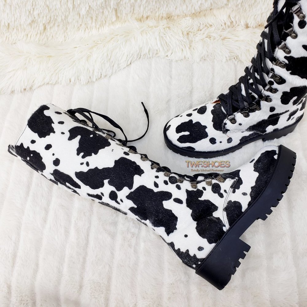 Savage Cow Combat Lace Up Knee Boots Faux Cow Print Brand New - Picture 7 of 17